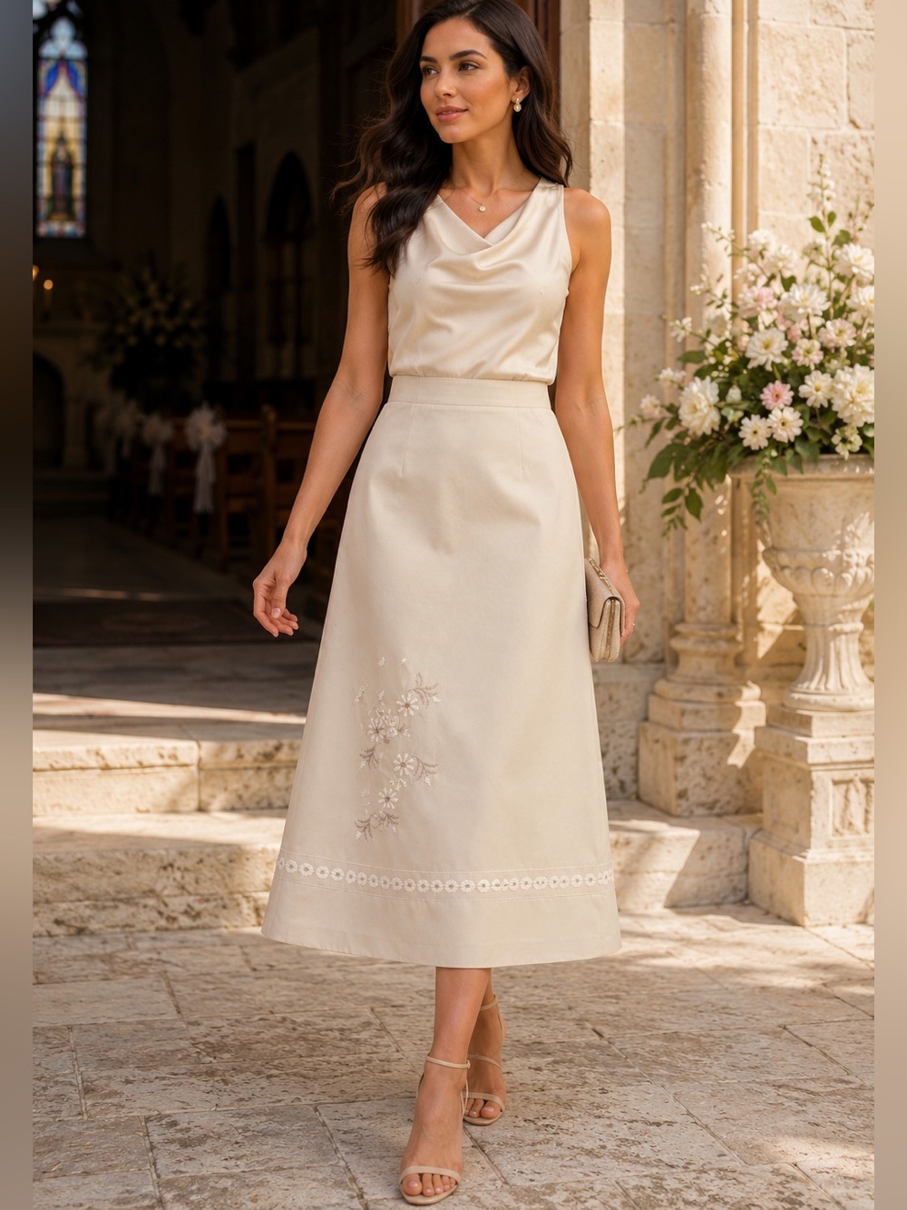 Made in Italy Cream Embroidered Midi Skirt Wedding Guest Mother of Bride L